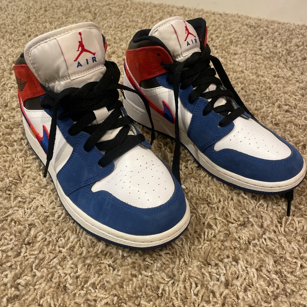 Jordan Kids High-Top Sneakers in White, Blue & Red